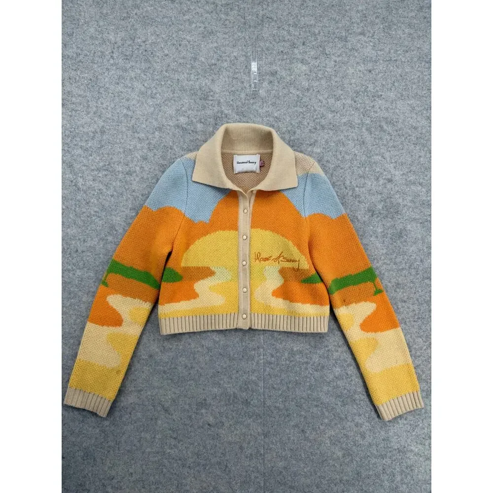 House of Sunny Day Tripper Jacquard Orange/Yellow Cardigan Size US 4 - Picture 2 of 14